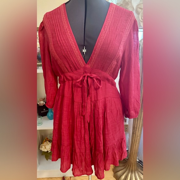 Baevely Dresses & Skirts - BaeVely By Polagram Burgundy 3/4 Sleeves Tiered Mini Sz L Sheer Flirty FAIRYCORE